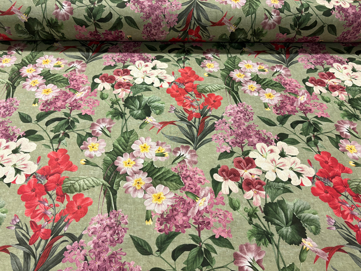 Tessuto arredo in cotone stampato larghezza 280 cm. " Botanical" Verde salvia