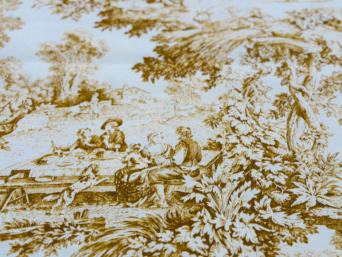 Tela decorativa de algodón estampada en altura. 280cm. "Toile de jouy" ocre