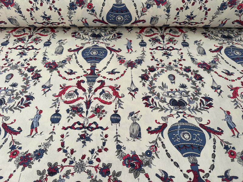 Tessuto arredo in cotone stampato alt. 280 cm. "Limosges" bleu