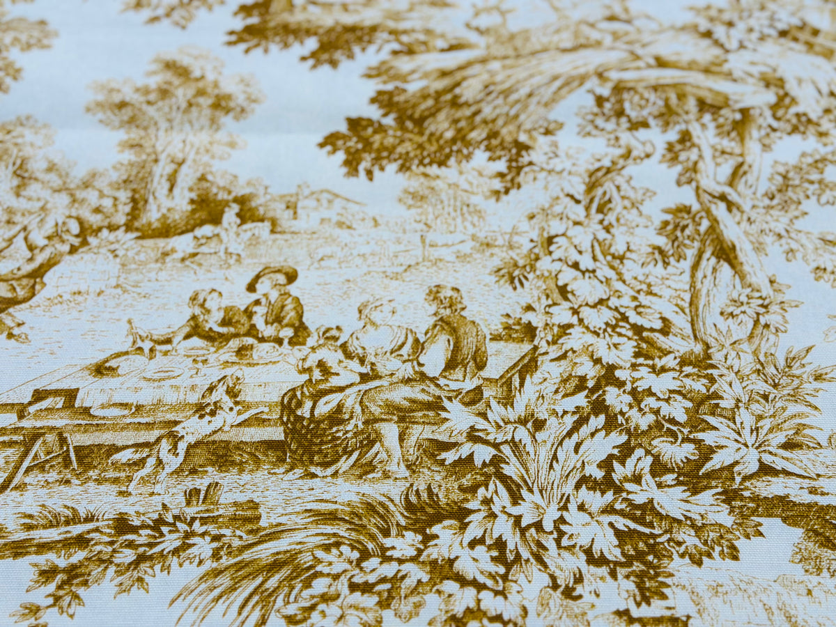 Tela decorativa de algodón estampada en altura. 280cm. "Toile de jouy" ocre