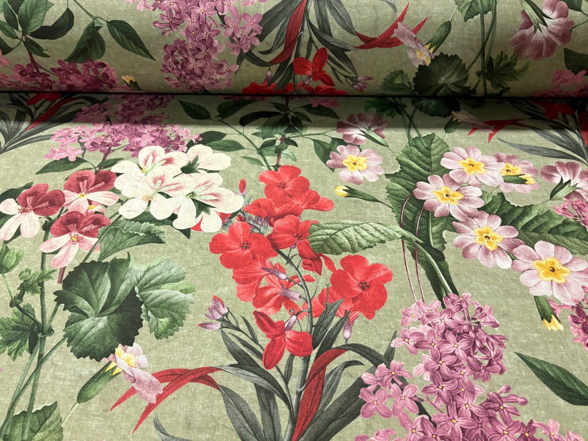 Tessuto arredo in cotone stampato larghezza 280 cm. " Botanical" Verde salvia