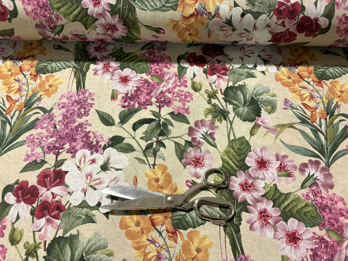 Tessuto arredo in cotone stampato larghezza 280 cm. "Botanical" beige