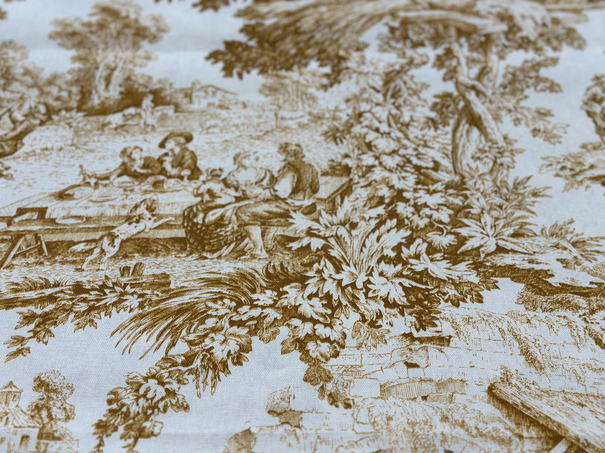 Tela decorativa de algodón estampada en altura. 280cm. "Toile de jouy" ocre