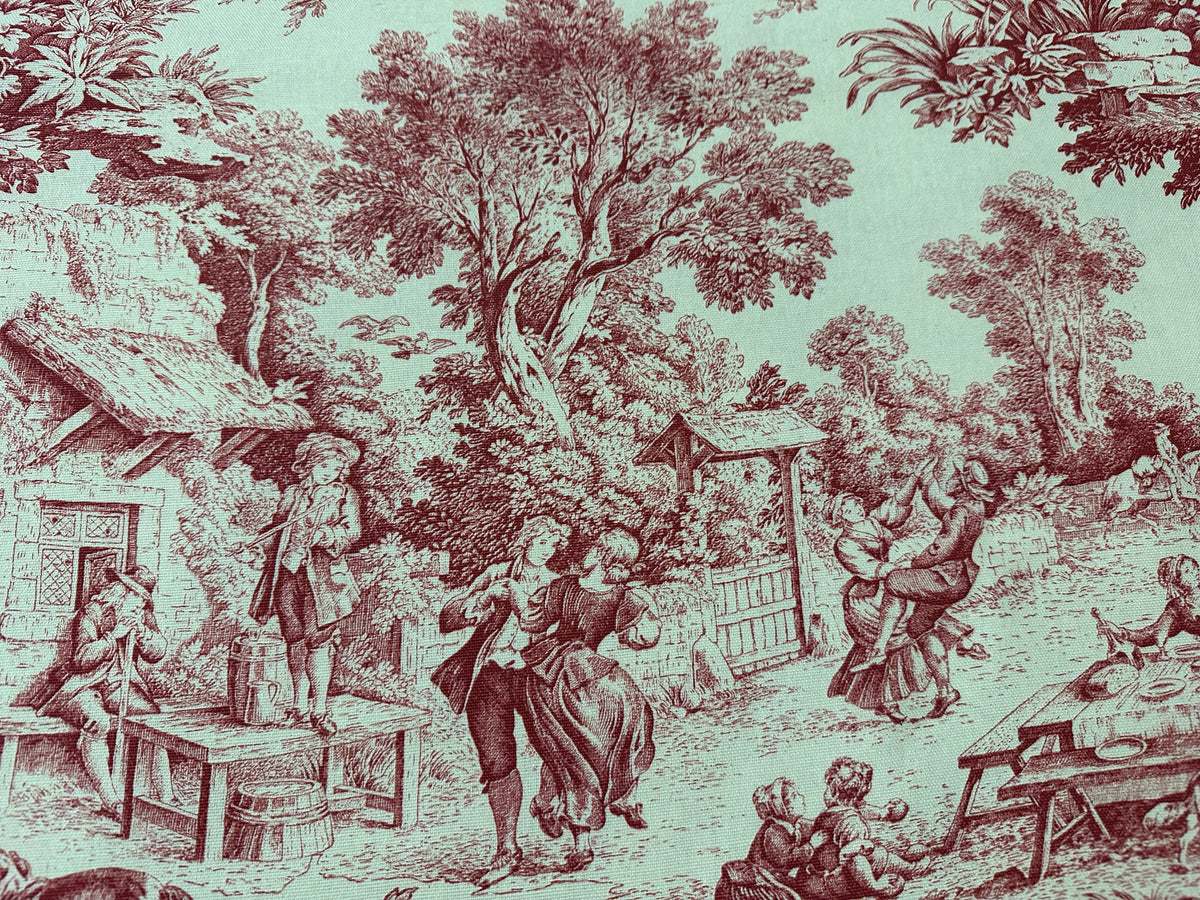 printed cotton furnishing fabric height. 280 cm. "toile de jouy" rouge