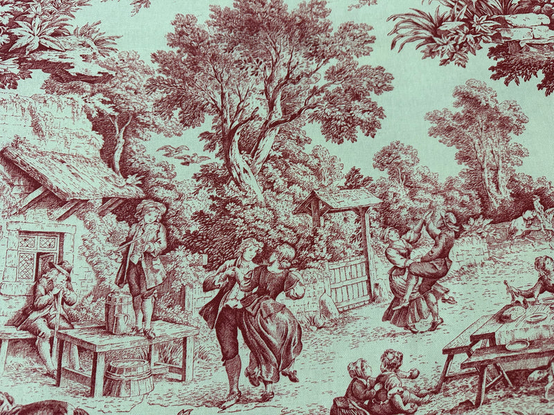 printed cotton furnishing fabric height. 280 cm. "toile de jouy" rouge