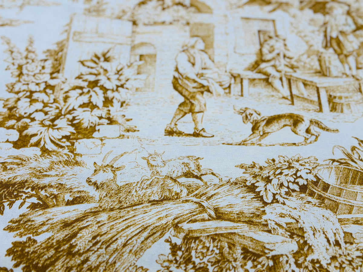 printed cotton furnishing fabric, height 280 cm. "Toile de jouy" ochre