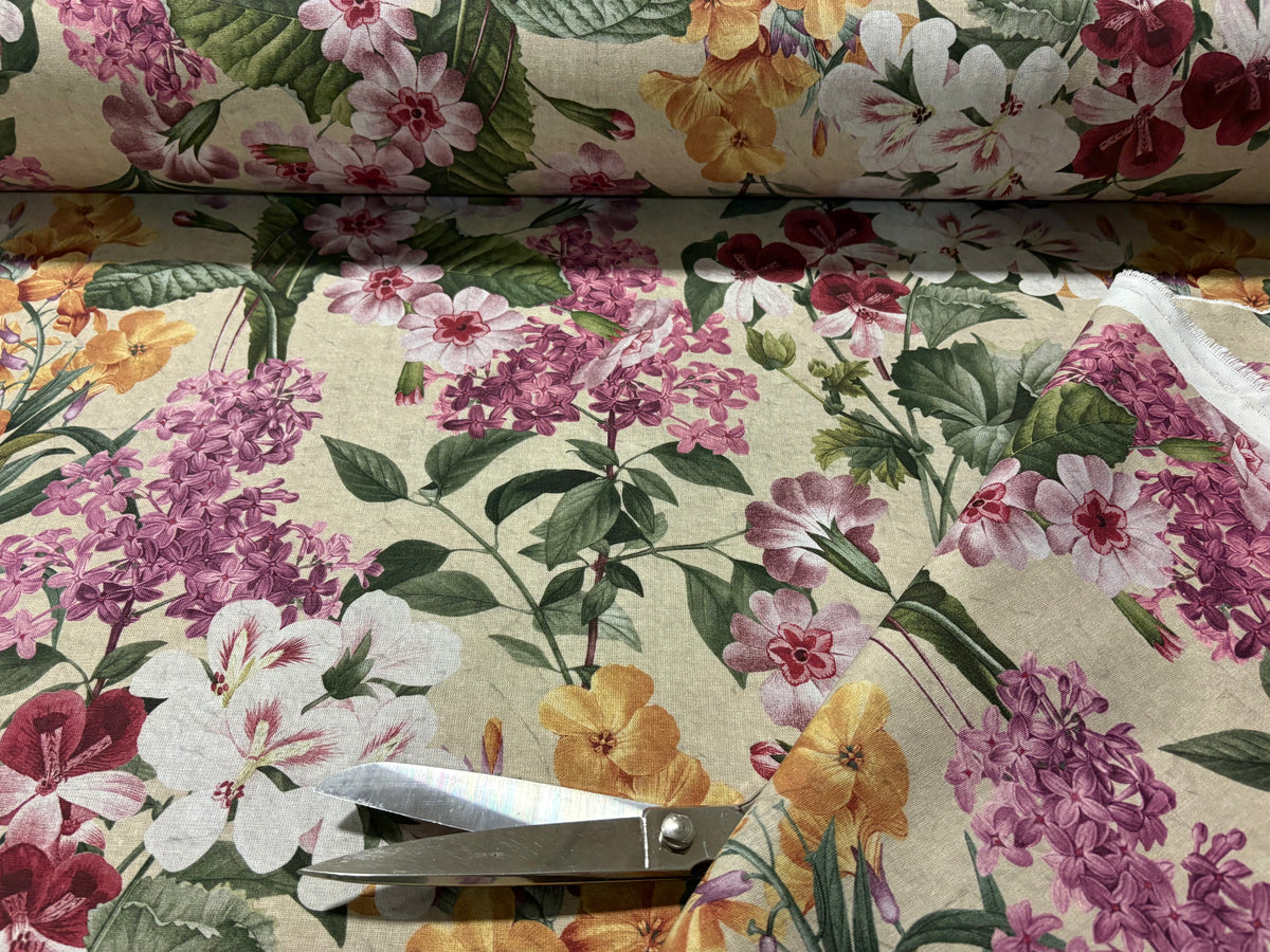 Tessuto arredo in cotone stampato larghezza 280 cm. "Botanical" beige