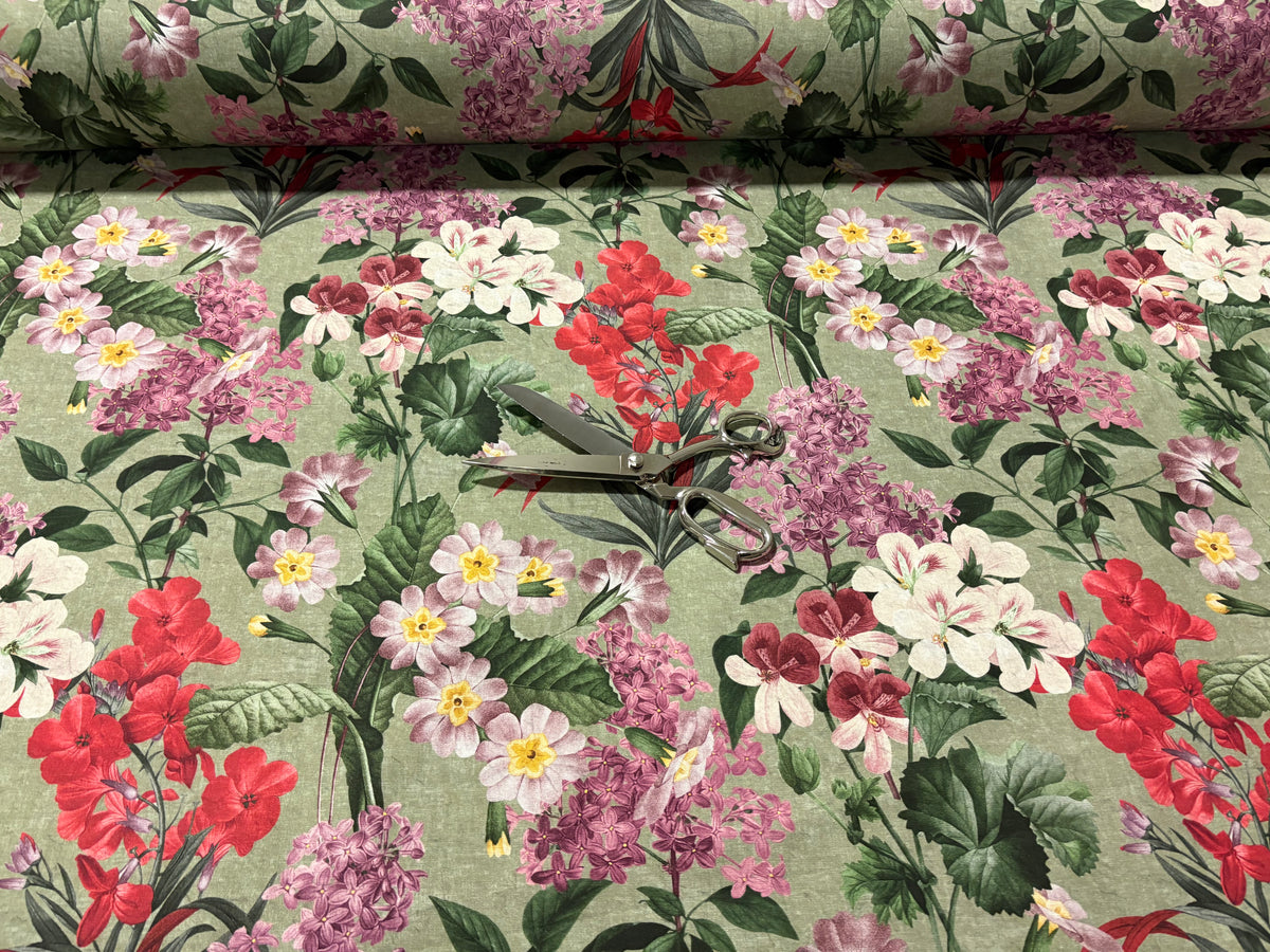 Tessuto arredo in cotone stampato larghezza 280 cm. " Botanical" Verde salvia
