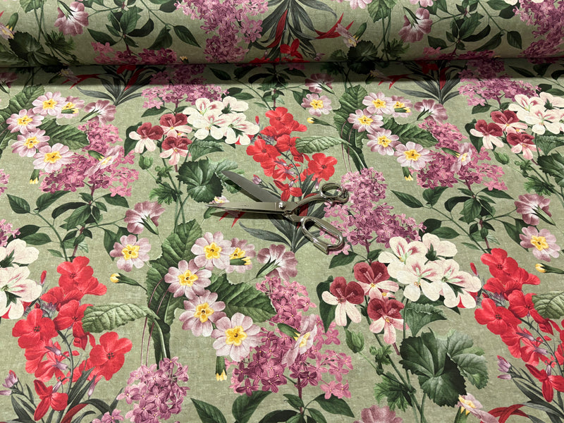 Tessuto arredo in cotone stampato larghezza 280 cm. " Botanical" Verde salvia