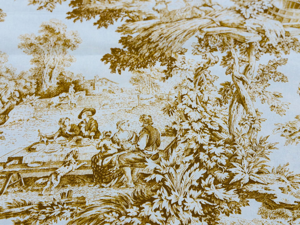 Tela decorativa de algodón estampada en altura. 280cm. "Toile de jouy" ocre