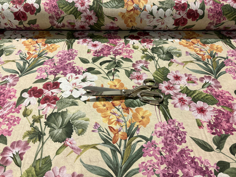 Tessuto arredo in cotone stampato larghezza 280 cm. "Botanical" beige