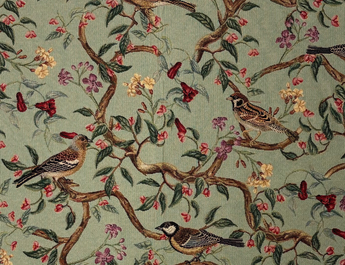 Tessuto arredo gobelin "Bird Allure" fondo pistacchio
