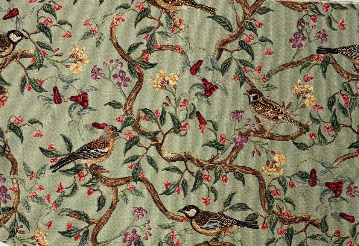 Tessuto arredo gobelin "Bird Allure" fondo pistacchio