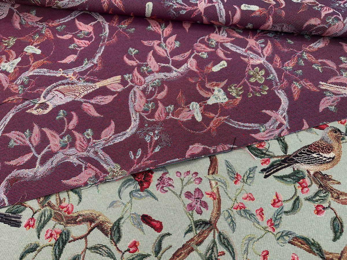 Tessuto arredo gobelin "Bird Allure" fondo pistacchio