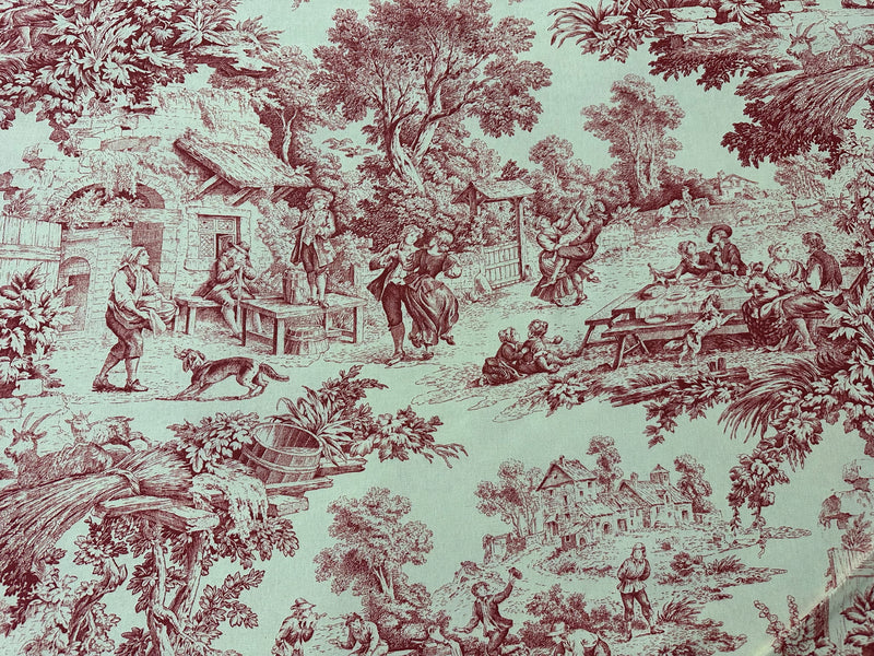 Tela decorativa de algodón estampada en altura. 280cm. "toile de jouy" rojo