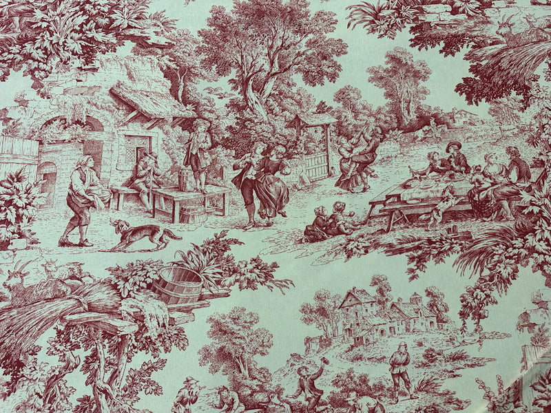 printed cotton furnishing fabric height. 280 cm. "toile de jouy" rouge