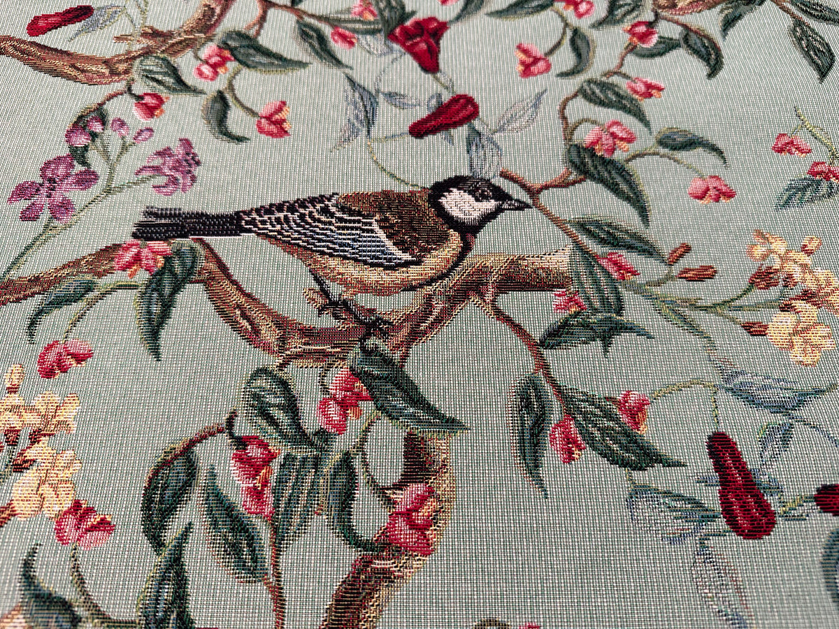 Tessuto arredo gobelin "Bird Allure" fondo pistacchio