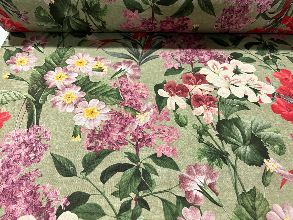 Tessuto arredo in cotone stampato larghezza 280 cm. " Botanical" Verde salvia