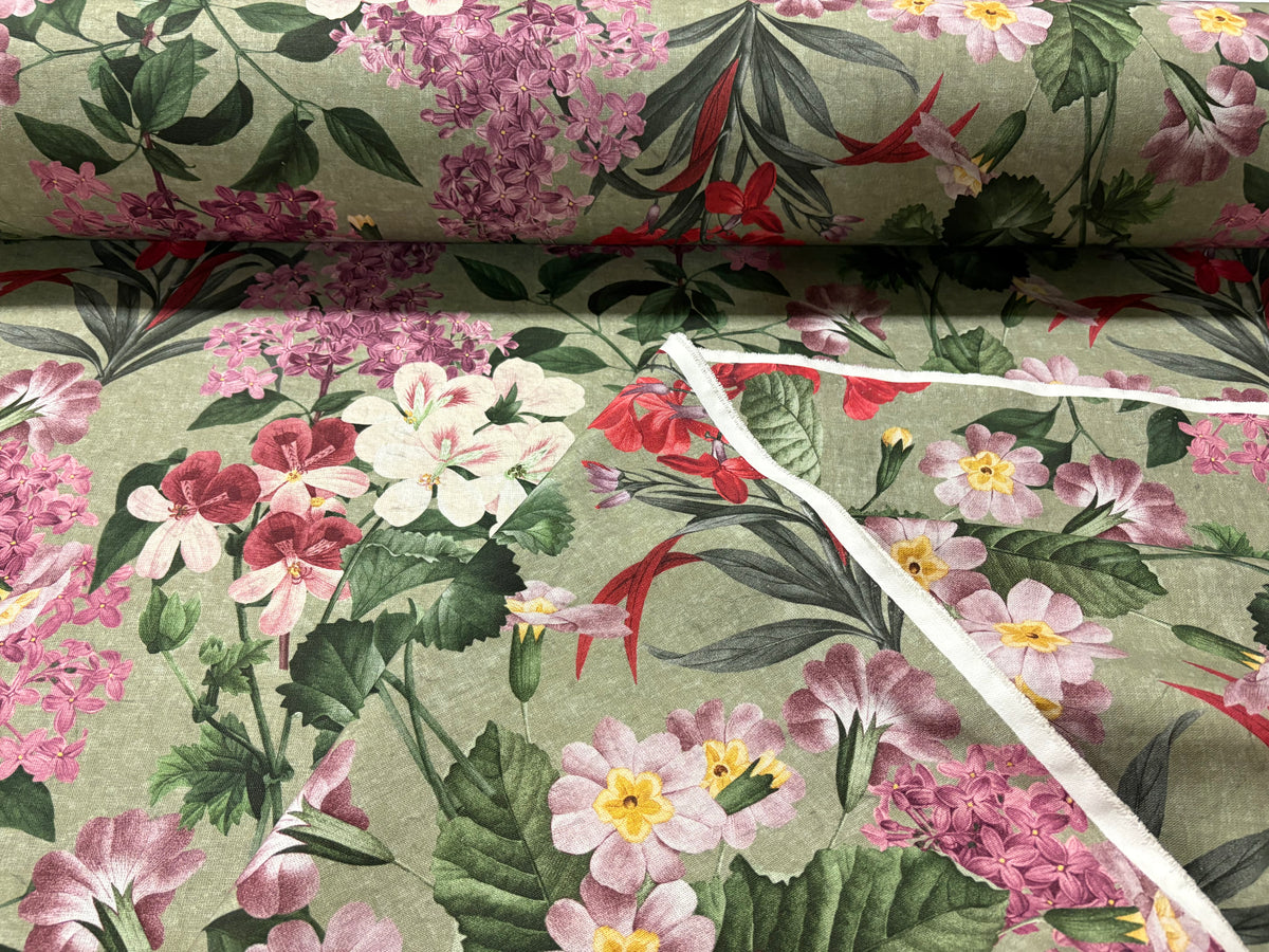 Tessuto arredo in cotone stampato larghezza 280 cm. " Botanical" Verde salvia