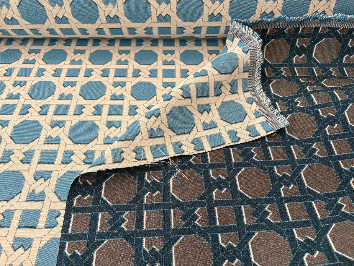 Tessuto arredo jacquard "Cannage" azzurro reverse