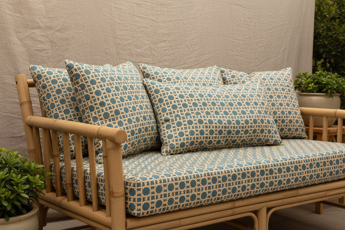 Tessuto arredo jacquard "Cannage" azzurro reverse
