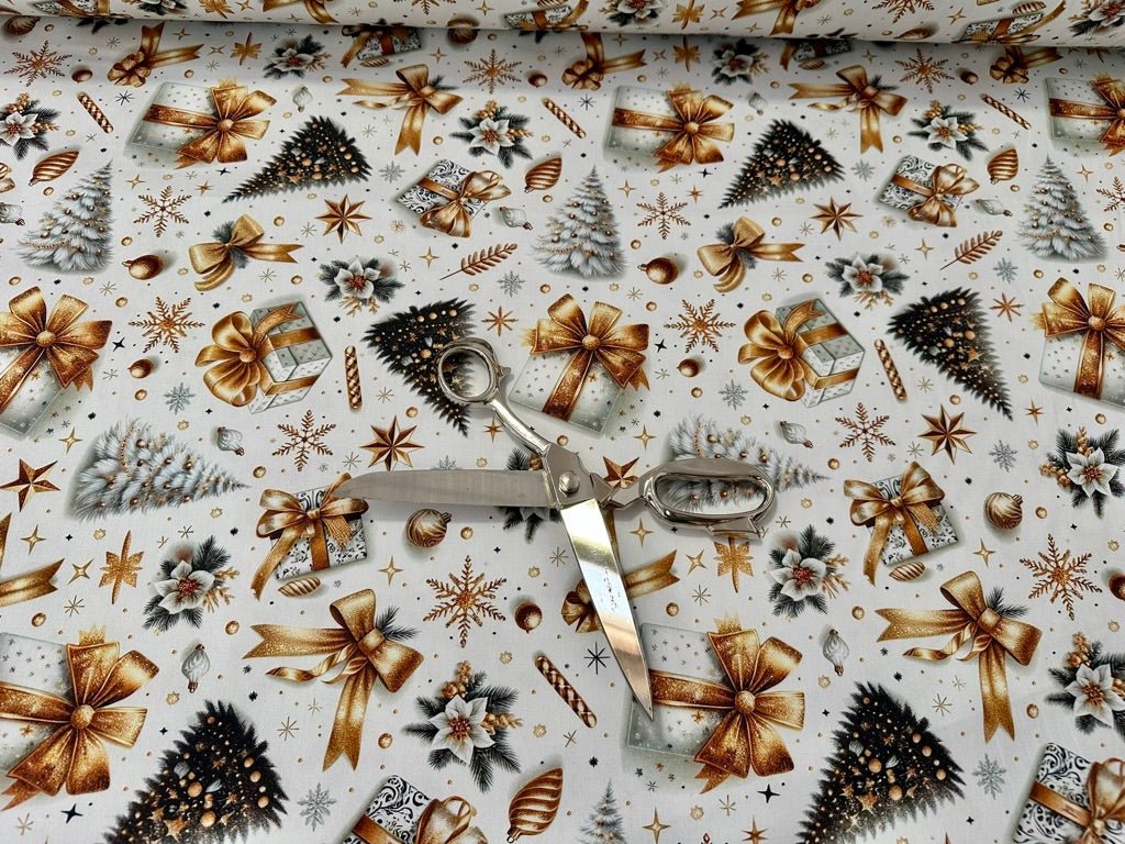 Tessuto arredo natalizio in cotone stampato alt. 320 cm. "Regali" - letele.it tessuti arredo