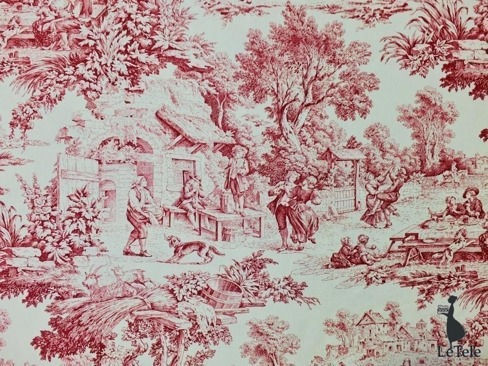 tessuto arredo in cotone stampato alt. 280 cm. "toile de jouy" rouge - letele.it tessuti arredo