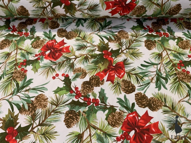 tessuto arredo natalizio in cotone stampato alt. 280 cm. "Pigne" - letele.it tessuti arredo