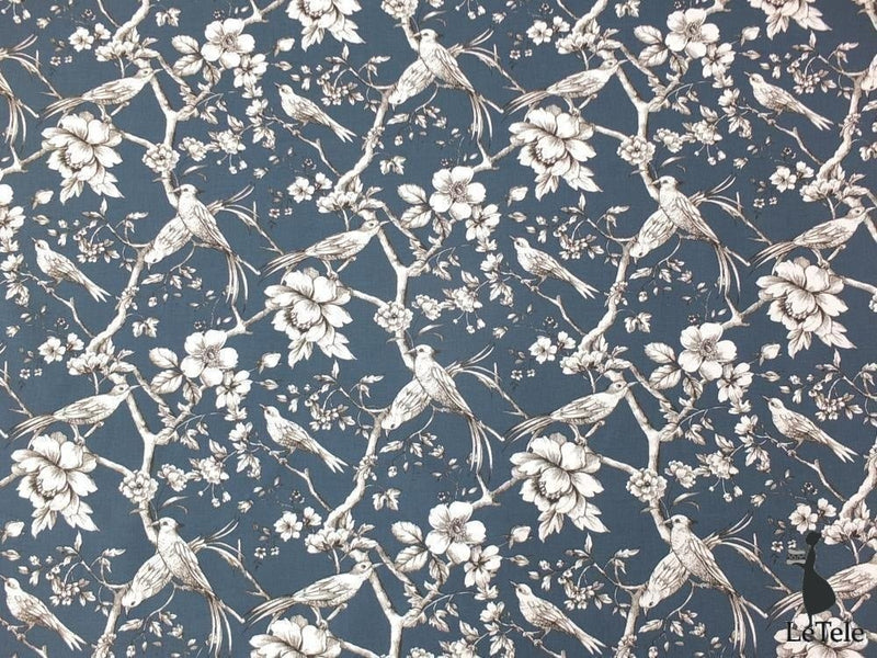 Tessuto in cotone stampato alt.150 cm "Fauvette" blu - letele.it tessuti arredo