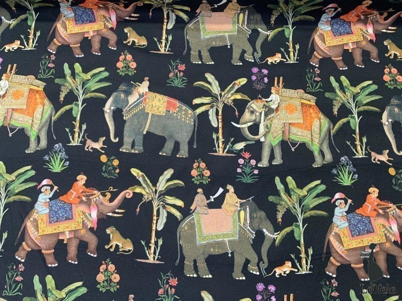 tessuto in panama di cotone stampato "Jaipur" fondo nero - letele.it tessuti arredo